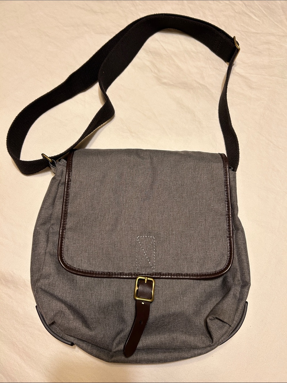 Fossil Gray Canvas Messenger Bag with Brown Trim